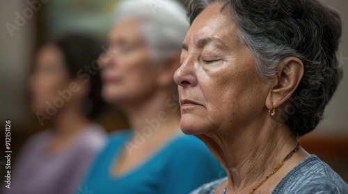 A small group of seniors in a meditation class, sitting comfortably with closed eyes, following the instructor's soothing guidance, in a tranquil, serene studio 