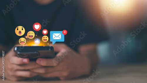 Using social media via smartphone ,internet of things, network icon connection, social marketing, digital online ,information technology ,Talking communicating using symbols and expressing feelings