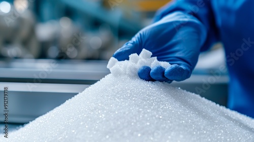 a person in blue gloves and gloves is putting a pile of white sugar