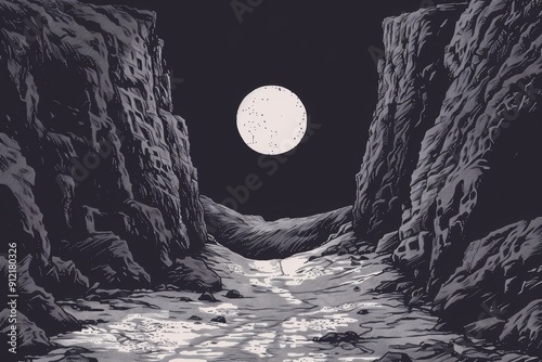 A large, full moon illuminates a canyon in a desolate landscape.