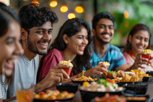 young indian friends eating food together at restaurant