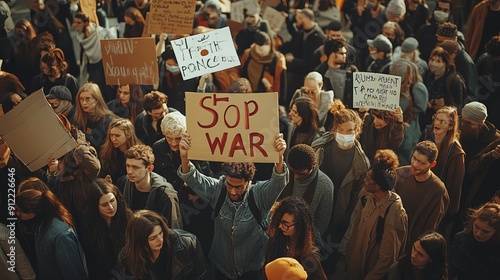 A diverse group of people holding signs with messages of peace and 'Stop War' slogans, standing together in a crowded city square during a peaceful demonstration