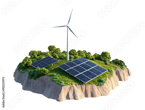 Remote renewable energy setup with solar panels and wind turbine isolated on transparent or white background