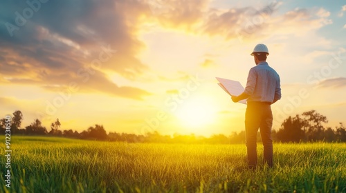 Engineer Surveying Land at Sunset