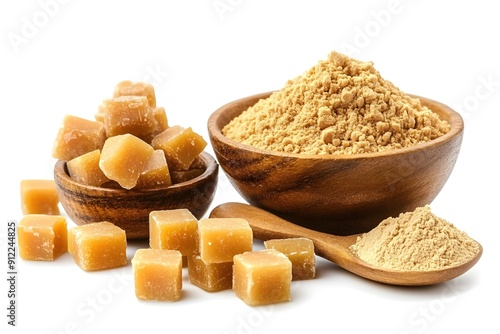 Assorted jaggery products, including cubes and powder, on an isolated white background, perfect for health food marketing and natural sweetener product displays