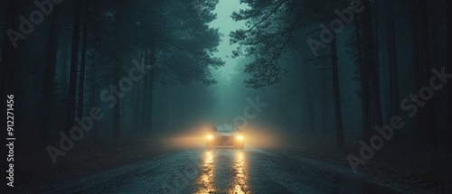 Mysterious Car with Headlights On Driving Through Foggy Forest at Night