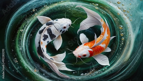 The illustration of two koi fish swimming in a circular motion around each other in a pond