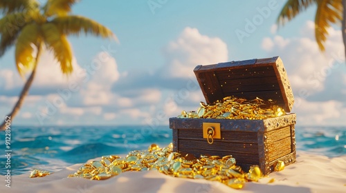 A wooden treasure chest brimming with shimmering gold coins sits on a sandy beach, surrounded by palm trees and gentle ocean waves under a clear blue sky