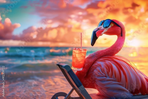 surreal portrait of a flamingo lounging on a beach chair wearing sunglasses and sipping a tropical cocktail against a vibrant sunsethued ocean backdrop