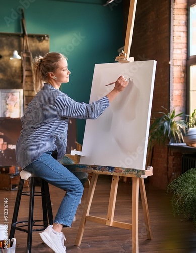 Mujer pintando con un lienzo en blanco al óleo en un estudio de pintura