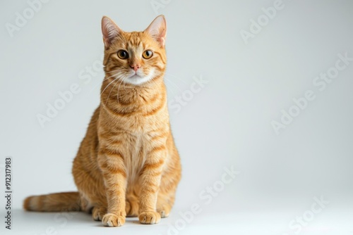 A close-up shot of an orange tabby cat sitting on a white surface, looking directly at the camera