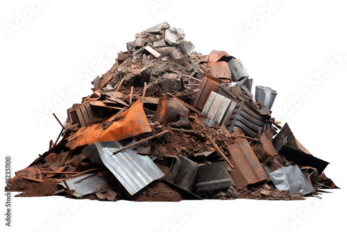 A Mountain of Rusted Dreams: A Pile of Scrap Metal and Concrete Debris Against a White Background on a White or Clear Surface PNG Transparent Background