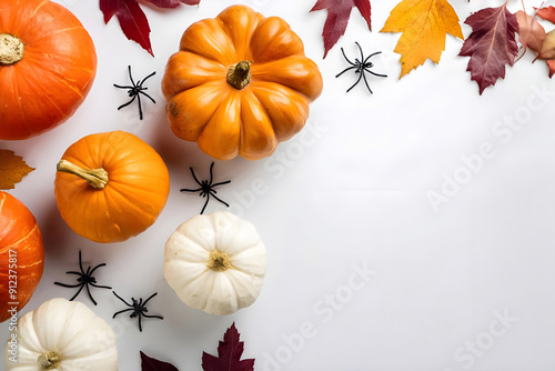 Zucca ed elementi che richiamano la festa di Halloween. e dell'autunno con sfondo bianco e spazio per testo