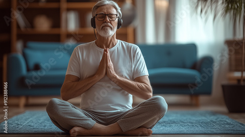  A senior man meditating with headphones on sitting cross-legged in his living room