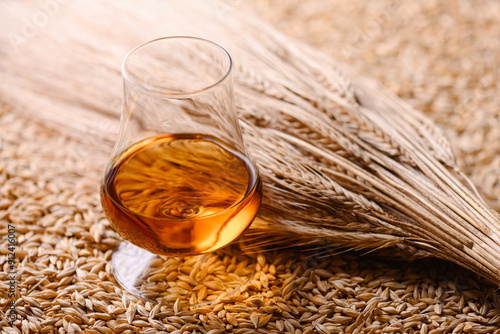 A glass of whiskey with barley ears on barley grains heap. Whiskey distillery concept and background