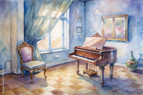 A grand piano sits in a cozy room, surrounded by sheet music, with an empty piano stool, conveying the absence of a young girl in the midst.