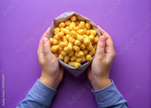 Small hands grasping open packet of peanut-flavored puffcorn snack, a popular treat, against a bright purple isolated background.