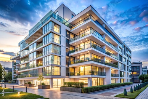 Sleek modern white apartment building with glass facade and contemporary architecture, set amidst cityscape, representing urban residential and commercial development.