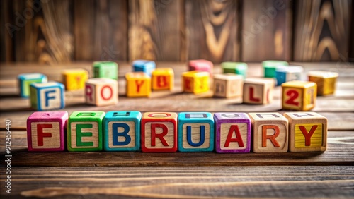 Colorful wooden lettered cubes arranged to spell out "February" on a natural wood table, surrounded by subtle shadows and soft focus.