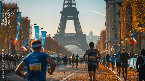 A marathon runner approaches the finish line with the Eiffel Tower in the background at sunset.