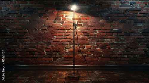 Empty comedy club stage with brick wall backdrop, microphone stand, and spotlight