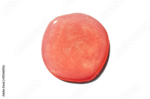 Coral blush red cosmetic smudge glittering oil lip gloss drop swatch isolated on white