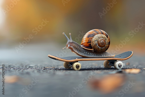 Snail on a skateboard, representing out-of-the-box solutions to slow processes and acceleration of tasks. Ideal for business, innovation, and creative problem-solving imagery