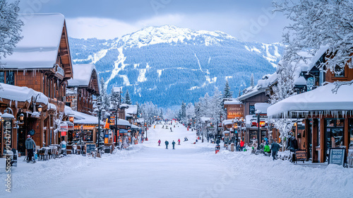 A cozy winter town at the foot of majestic mountains. Shops, restaurants, skiers, adventures - the perfect winter paradise. Generative AI