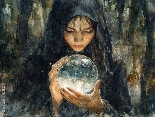 Mysterious sorceress holding a crystal ball in a dark enchanted forest Watercolor painting capturing the mystical otherworldly atmosphere of the scene