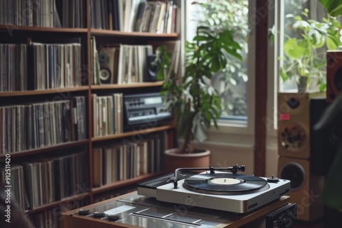 Vintage record player playing a vinyl record in a cozy living room filled with music and warm sunlight