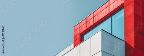 A red building with a blue window. The building is tall and has a modern design. The blue window adds a pop of color to the red building, making it stand out. Scene is one of sophistication