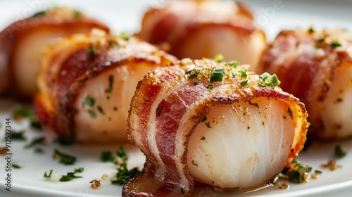 Bacon-Wrapped Scallops on a White Plate