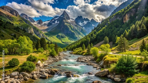 Scenic mountain valley surrounded by rugged peaks and lush green forests, with a serene river flowing through the heart of the Aragonese Pyrenees landscape.