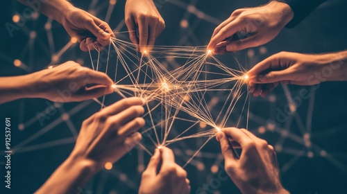 Photo shows hands weaving strings together, forming an intricate web. Metaphor of various connections between people through communication, help, love, care