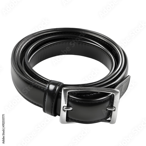 Black leather belt with a silver buckle, isolated on a transparent background, ideal for fashion and accessory designs