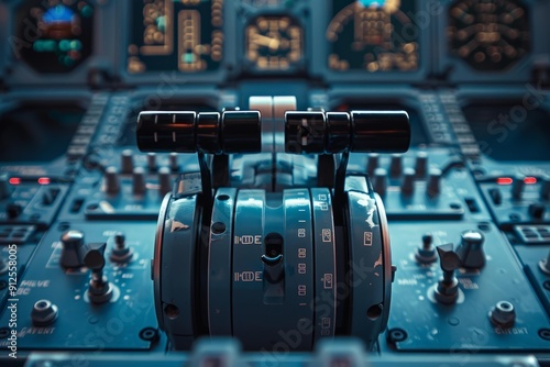 Close up of airplane thrust levers with illuminated control panel in the background