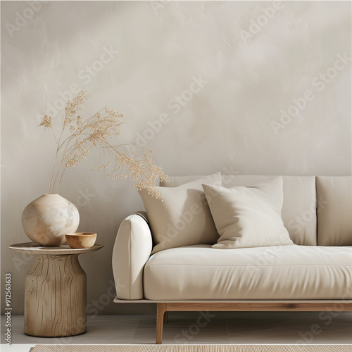 white sofa on a grey background wall. minimalist interior design with furniture and everlasting plants herbals, boho