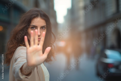 A woman making a "stop" motion with her hand, expressing her stance against harassment.