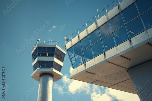 Modern airport control tower standing tall against a beautiful blue sky with clouds, symbolizing air travel and safety