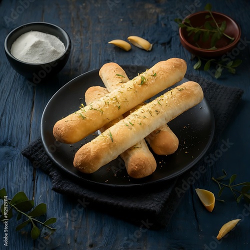 Garlic breadsticks on black plate, food and bakery concept