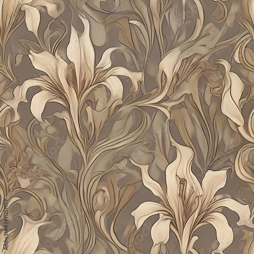 Art Nouveau Elegance: An ornate floral pattern featuring irises and lilies in flowing, curvilinear lines and muted earth tones.