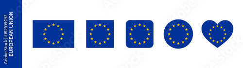 Europe flag icon set. European flag sign in round and square set. Flag of EU or European Union in heart and circle