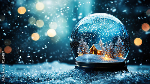 A snow globe with a house and trees inside. The scene is peaceful and serene, evoking a sense of winter wonderland