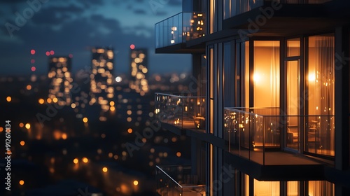 Modern apartment building at deep night, illuminated balconies, floor-to-ceiling windows, city lights bokeh background, urban skyline, dark sky, twinkling lights.