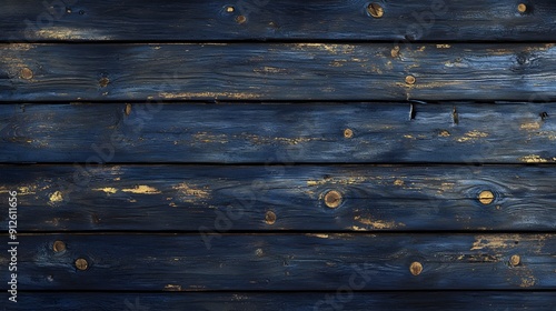 Navy blue weathered wood planks, rustic texture, distressed finish, horizontal wooden boards, rich deep blue hues, golden knots and grain patterns, aged appearance.