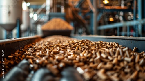 Image shows factory setting with close-up of cylindrical objects (wood pellets or bullet cases). Objects fill foreground with industrial machinery in background, emphasizing scale of production line.