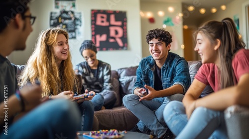 College Life Vibes: Friends Laughing and Gaming in Dorm Common Room