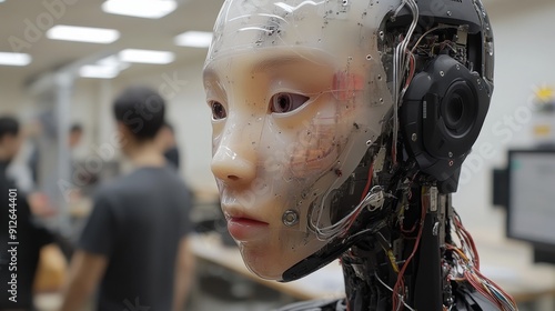 Humanoid robot development facility, teams working on facial expressions and natural movements, motion capture equipment visible, linguists collaborating with engineers on natural language