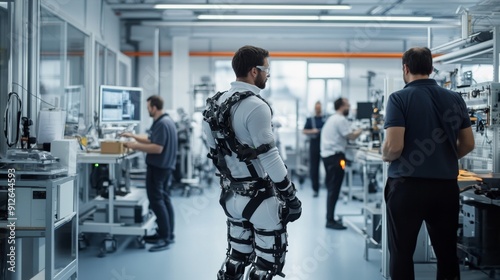 Industrial exoskeleton testing area, factory workers collaborating with engineers, various prototypes for different tasks, ergonomics experts taking measurements, safety officers overseeing tests,