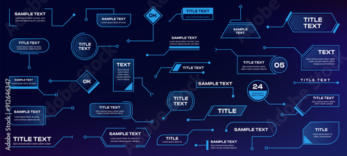 Callout shapes. Futuristic infographic elements with hologram labels, sci fi tech radar menu callout buttons and frames. Vector infographics elements collection. HUD information chart, title layout.